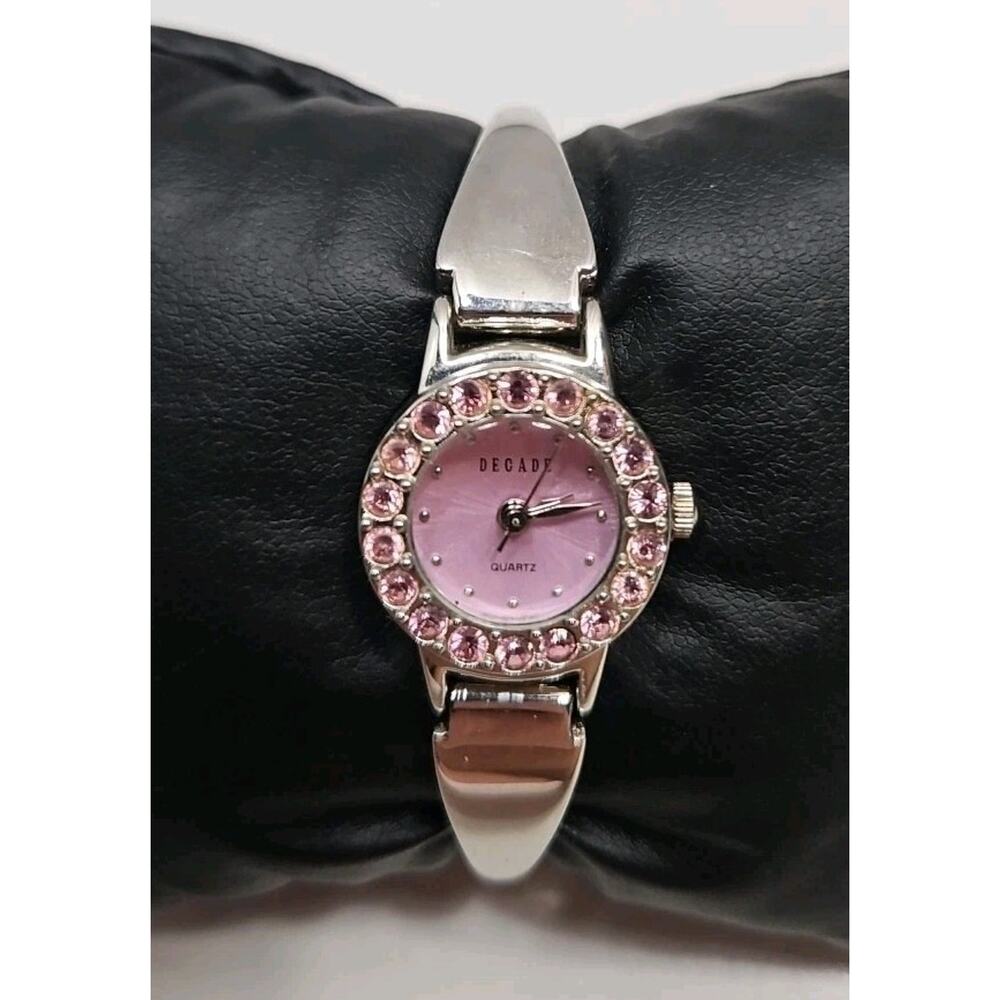 Decade Quartz Watch Womens Pink Jeweled Stainless Silver Band New Battery W128